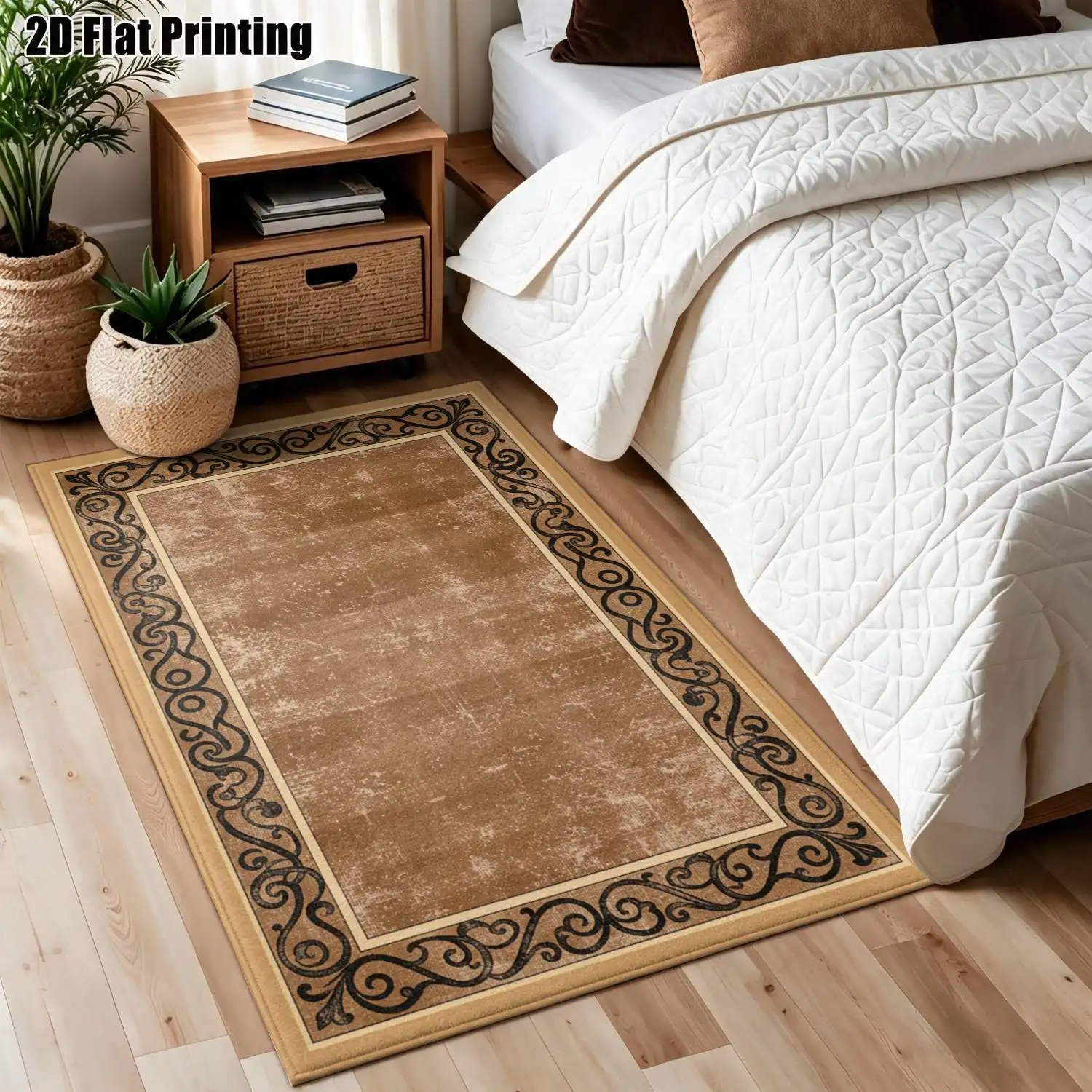1Pc 2D Printed Retro Brown Scroll Pattern Border Carpet, European/Retro/Minimalist Geometric Style, for Home Decoration, Multi-Size, Machine Washable, Suitable for Entrance, Living Room, Bedroom, Dining Room, Foyer