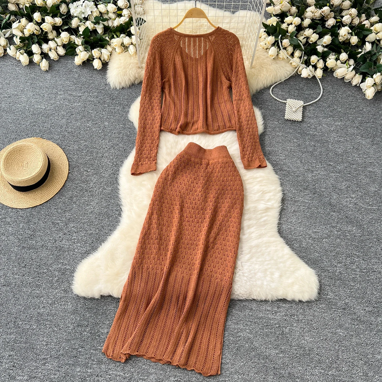 Chic Two-piece Sets Sweet Basics V-neck Hollow Out Long Sleeve Knit Top and High Waist Split Skirt High Street Women Clothing