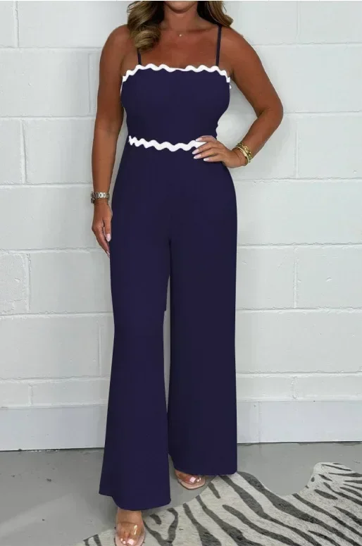 Mono de mujer Color sólido cojín en el pecho encaje ondulado correa de cintura elástica jupsuit para mujer elegante