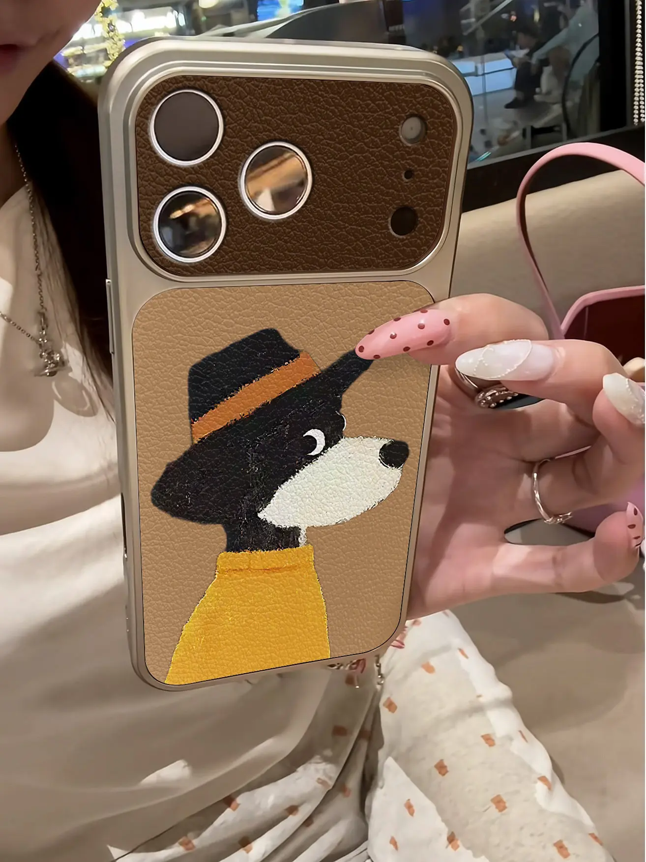 Retro Polka Dot Pony Pferd Imitation 17 Handyhülle für iPhone 13 14 15 16 17 Pro Max 17, stoßfeste Lederhülle mit Beschichtung – Detail 6
