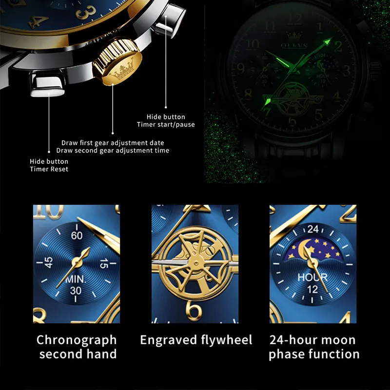 OLEVS-Relógio de pulso de quartzo impermeável de aço inoxidável masculino, fase da lua, moda luminosa, esqueleto cronógrafo, novo, 2900