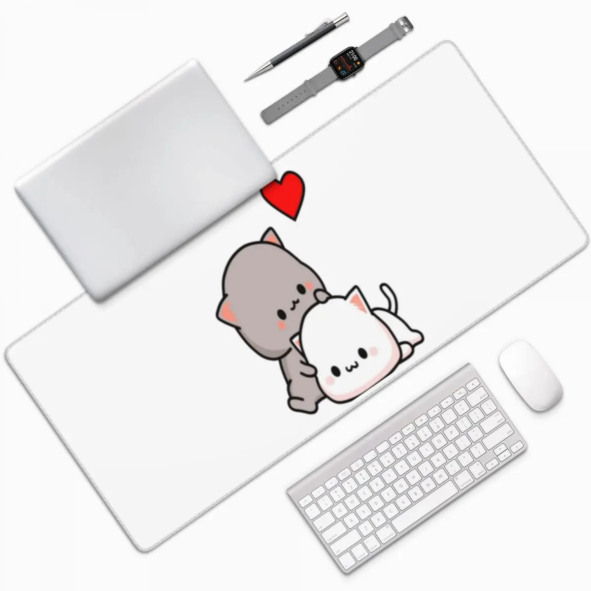 Peach Mochi Cat Cartoon Large Mouse Pad Computer Keyboard Mouse Mat Gaming PC Laptop Desk Mat Office Accessories Table Mats