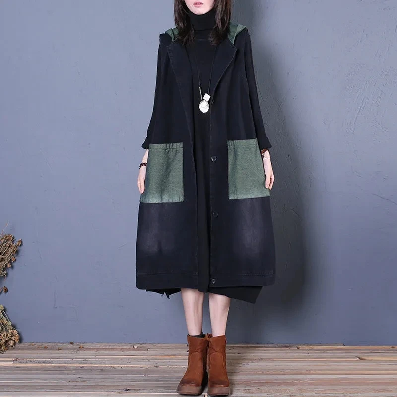 Hooded Long Vest Coat Female 2023 Spring And Autumn Clothes New Loose Large Size Waistcoat Sleeveless Denim Jacket Fashion Retro