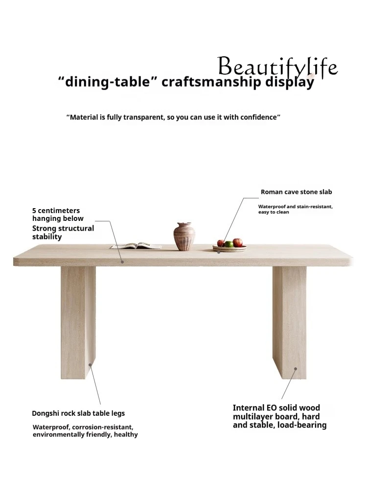 Conjunto de jantar de travertino de meados do século: mesa e cadeiras retangulares Wabi-Sabi, luxo francês personalizável para espaços pequenos ​ ​