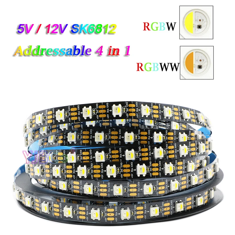 

5V 12V DC 60leds/m addressable RGBWW RGBW 4 colors in 1 LED Strip SMD 5050 RGB White pixle IC SK6812 Lamp Tape Smart Lights bar