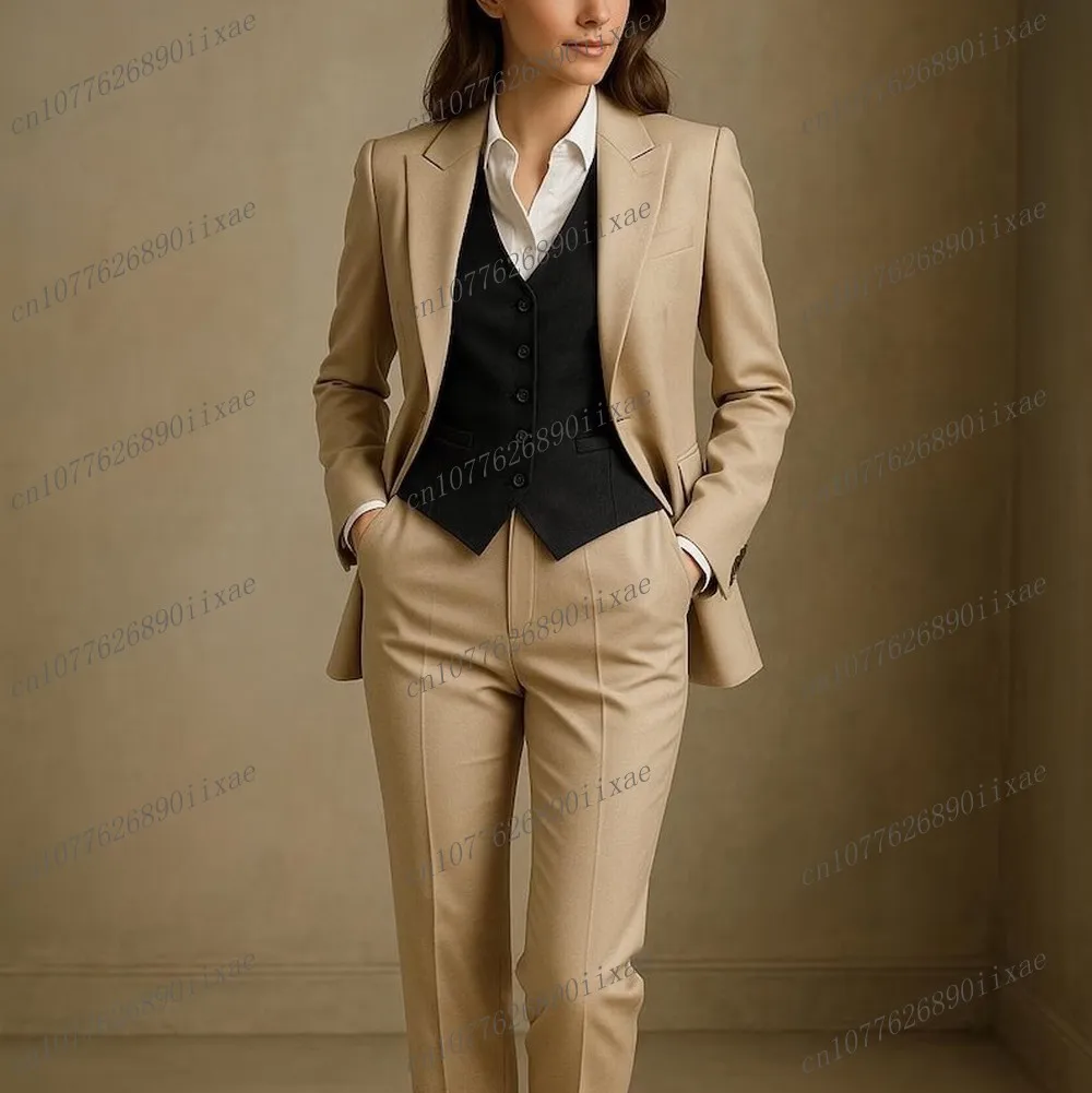 

Champagne And Black Women Suits Lady Business Office Tuxedos Mother Wedding Party Formal Ladies 3 Piece Set Jacket Vest Pants