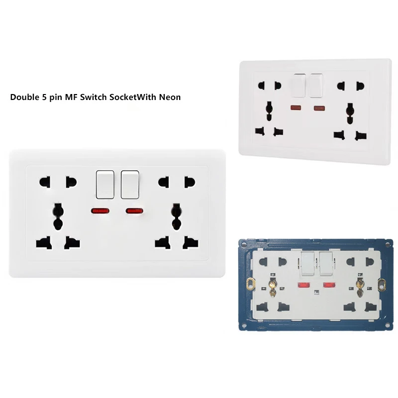 White Universal Wall Power Socket Supply Multifunctional 5-pin Socket Electrical Switch With 2.1A 10W Dual USB Type-c Charging