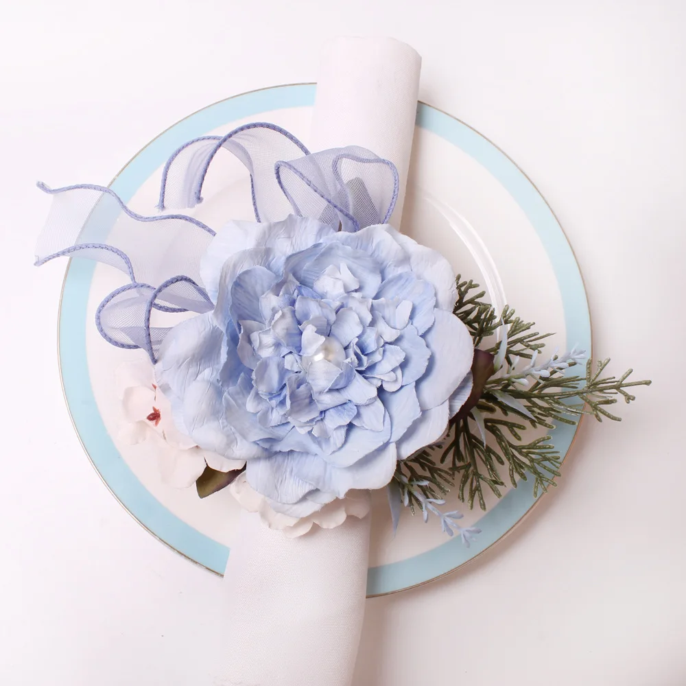 6PCS Simulation Eucalyptus Flowers Napkin Buckle, Pink Rose Napkin Rings, Festival Wedding Party Holiday Table Decoration