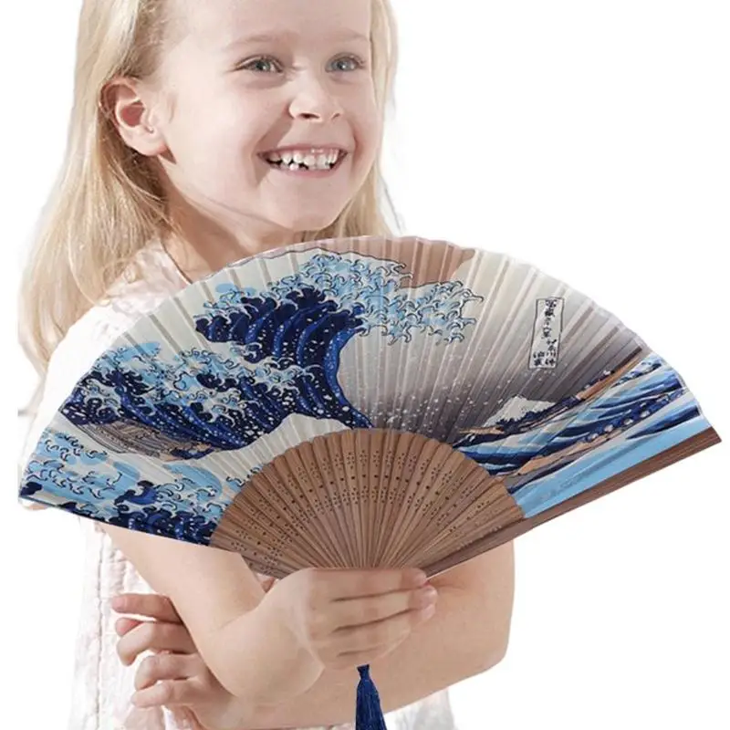 Vinatge Japanese Fan Portable Wave Fan Handmade Bamboo Fans Decorative Kanagawa Foldable Retro Style Decoration