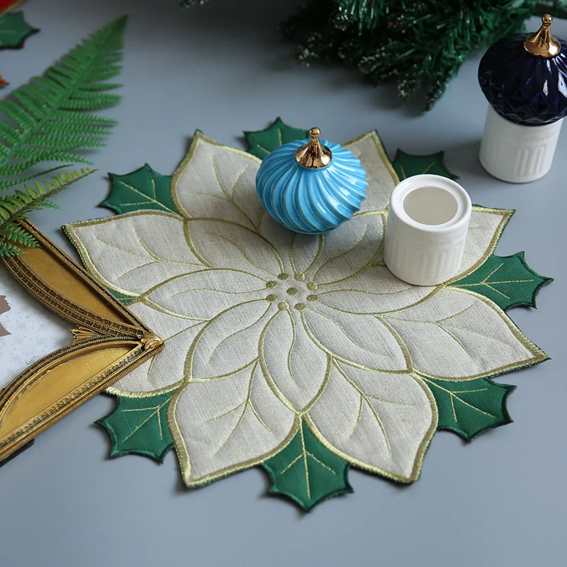 Creative Christmas Decorative Placemats Red Embroidery Flower Table Coasters Cloth Cup Pad Home Christmas Party Table Decoration