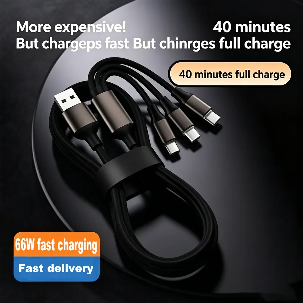 3 in 1 Multi Fast Charging Cable 66W Type C Micro USB Charger Cord 1.2m for iPhone Huawei Samsung Xiaomi Android Phone Tablet