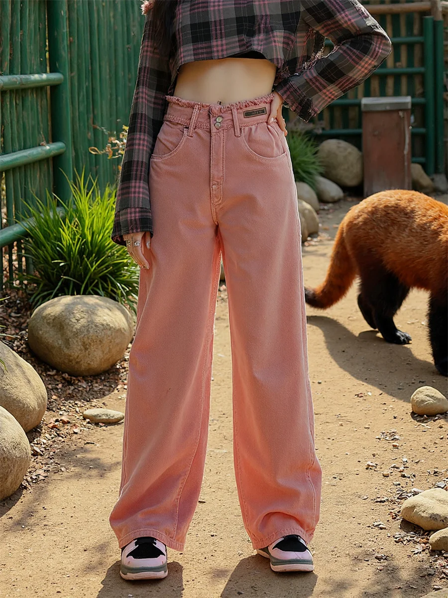 

Широкие джинсы с высокой талией для девочек, джинсовые брюки, женская одежда, осенняя одежда Ripstop с рюшами в западном стиле, мотоциклетные гонки, боевые карго