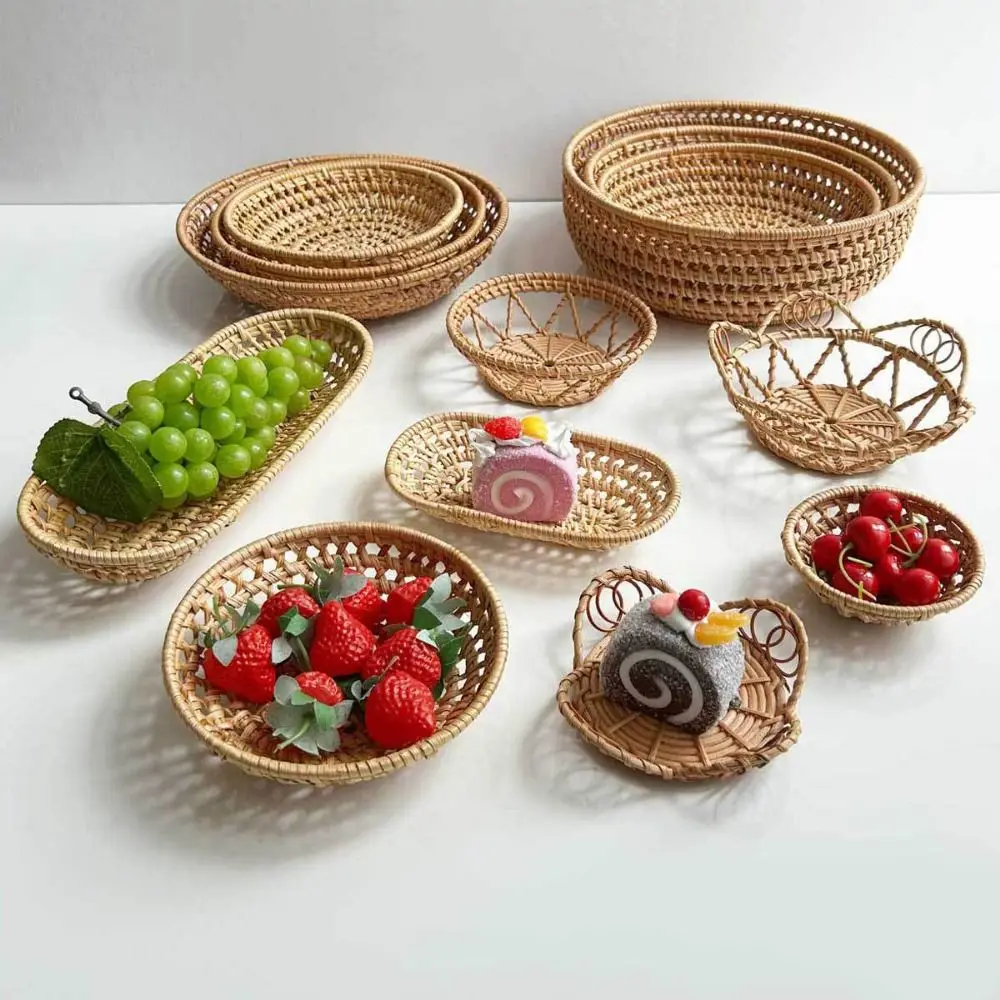 

Household Snacks Storage Box Hand Woven Colorful Rattan Shell Tray Natural Shell Rattan Weaving Bread Baskets Tray