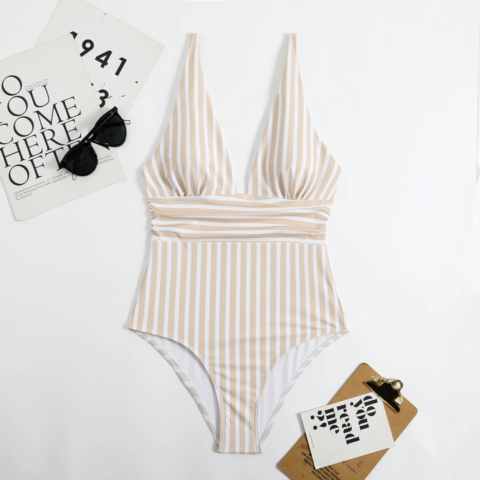 Sexy Striped One Piece Swimsuit Women Plunge Swimwear Tummy Control Bathing Suits Beach Wear Monokini Swimming Suit Blue Black