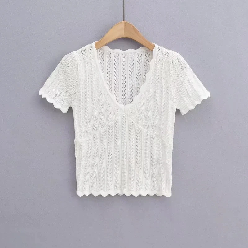 Women V Neck Knitted Crochet Tee With
