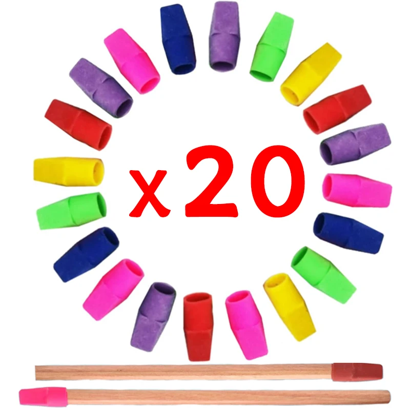 20Pcs Erasers Pencil Top Eraser Caps Pencil Eraser Toppers Student Painting Correction Supplies Stationery Colorful Eraser