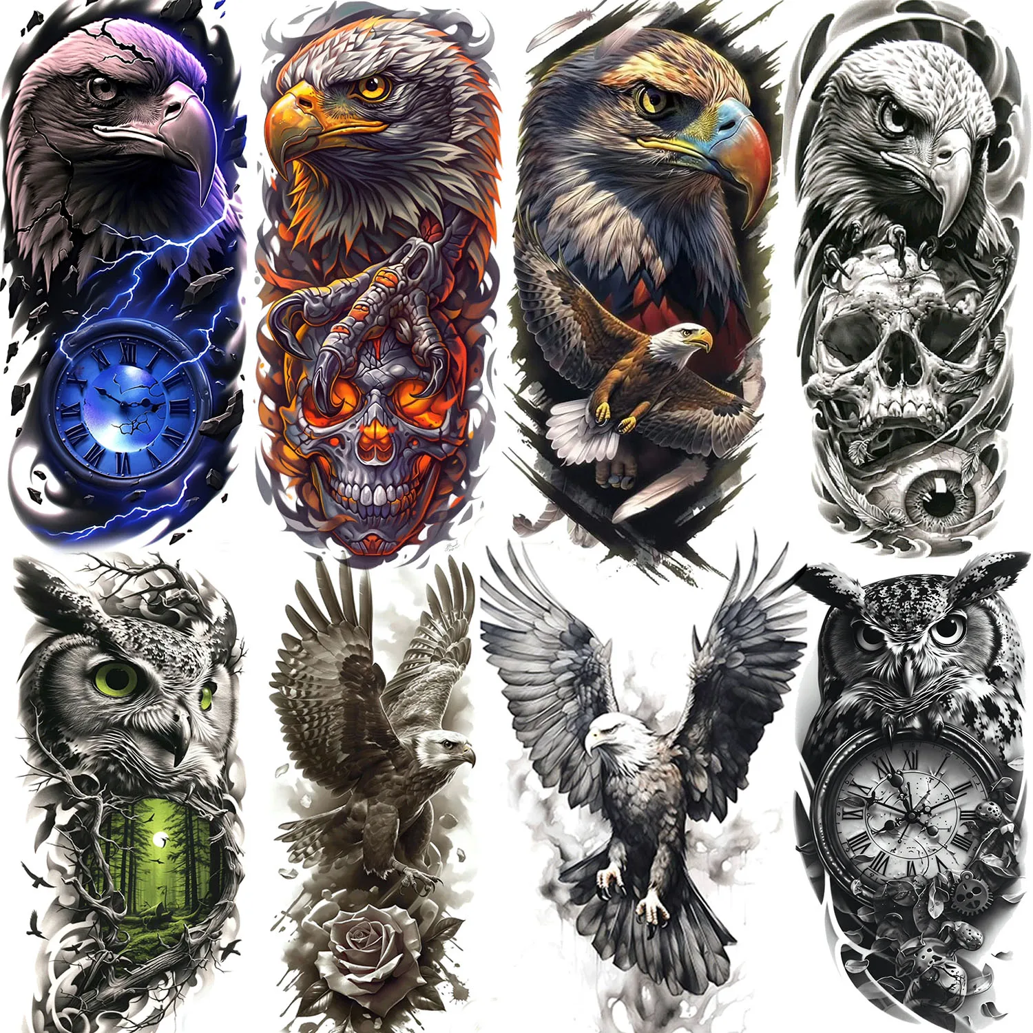 

1 Sheet 3D Eagle Owl Clock Temporary Tattoos For Men Women Realistic Fake Tattoos Waterproof Long Lasting Arm Leg Tatoo Sticker