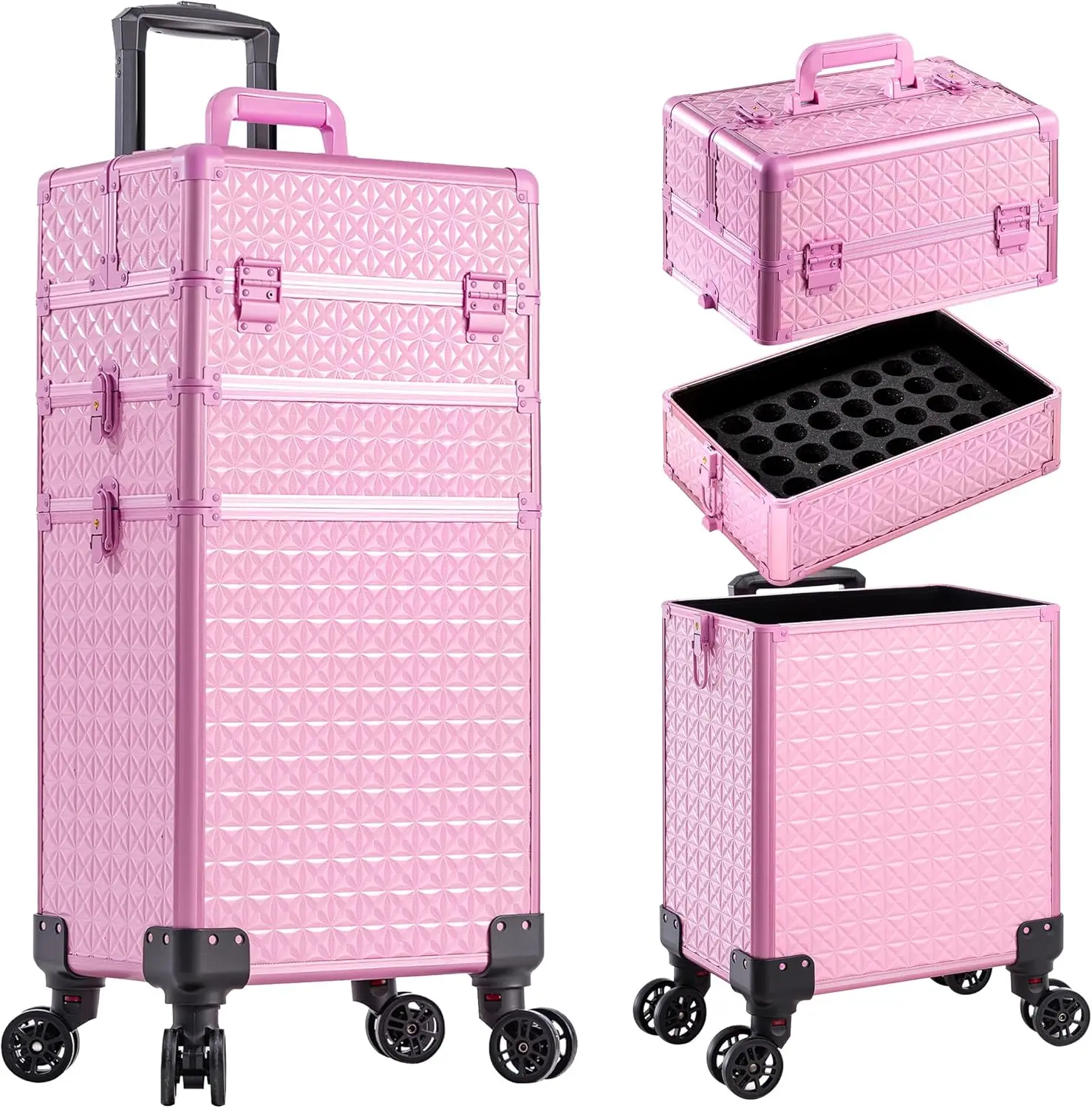 

3 in 1 Rolling Makeup Train Case Professional Large Cosmetic Trolley on Wheels for Traveling Hairstylist Artist Nail Beauty