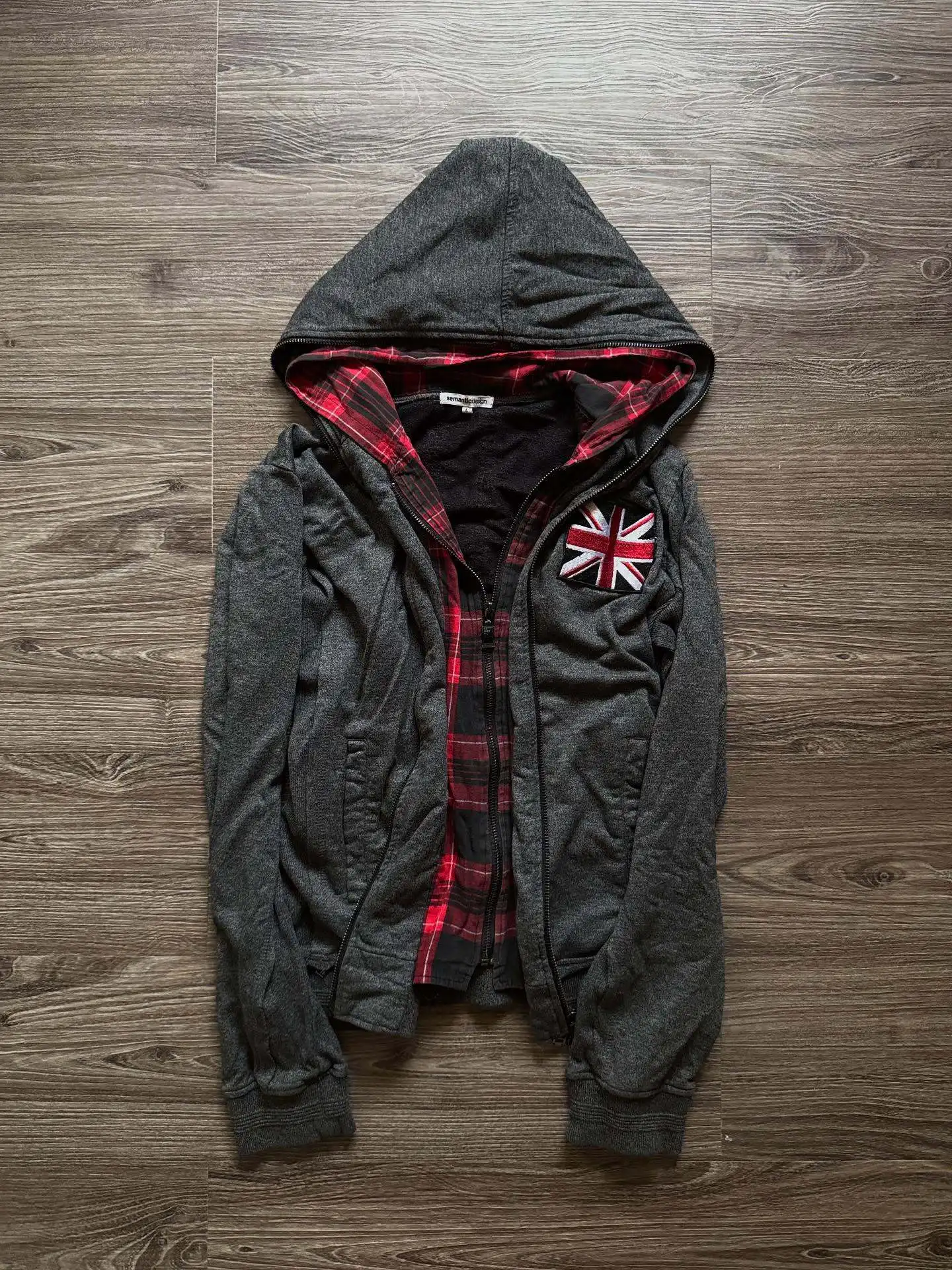 Y2k European American Autumn  winter color blocked plaid patch fabric double-layer double chain personalized High street hoodies