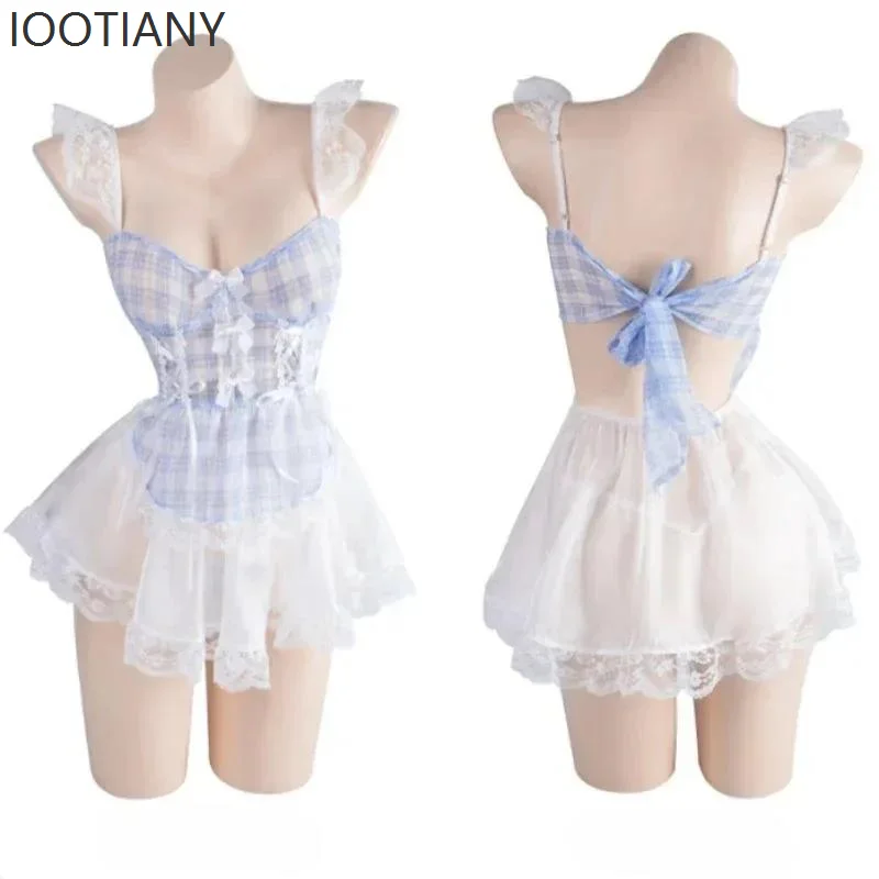 

Sexy Blue Plaid Maid Uniform Role Play Costume Deep V Short Suspender Dress Female Nurse Role Playing Underwear Lace Nightdress