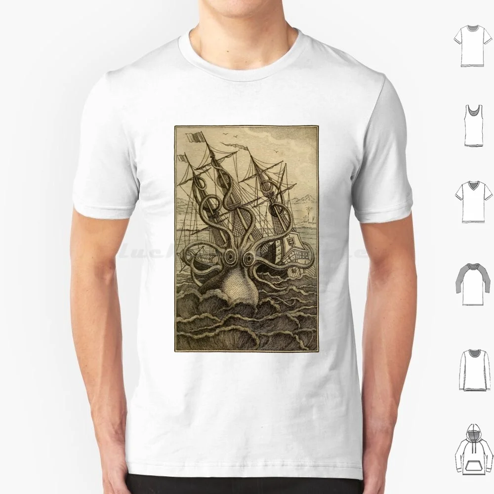 

Vintage Kraken Attacking Ship Illustration On Parchment T Shirt 6xl Cotton Cool Tee Sea Monster Kracken Giant Squid Octopus