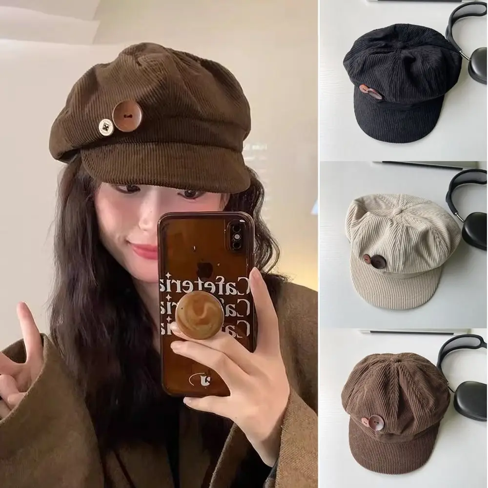 Gorras de béisbol de pana con decoración de doble botón, gorro octogonal a prueba de viento para mantener el calor, boina ajustable, gorra para el sol para otoño e invierno al aire libre