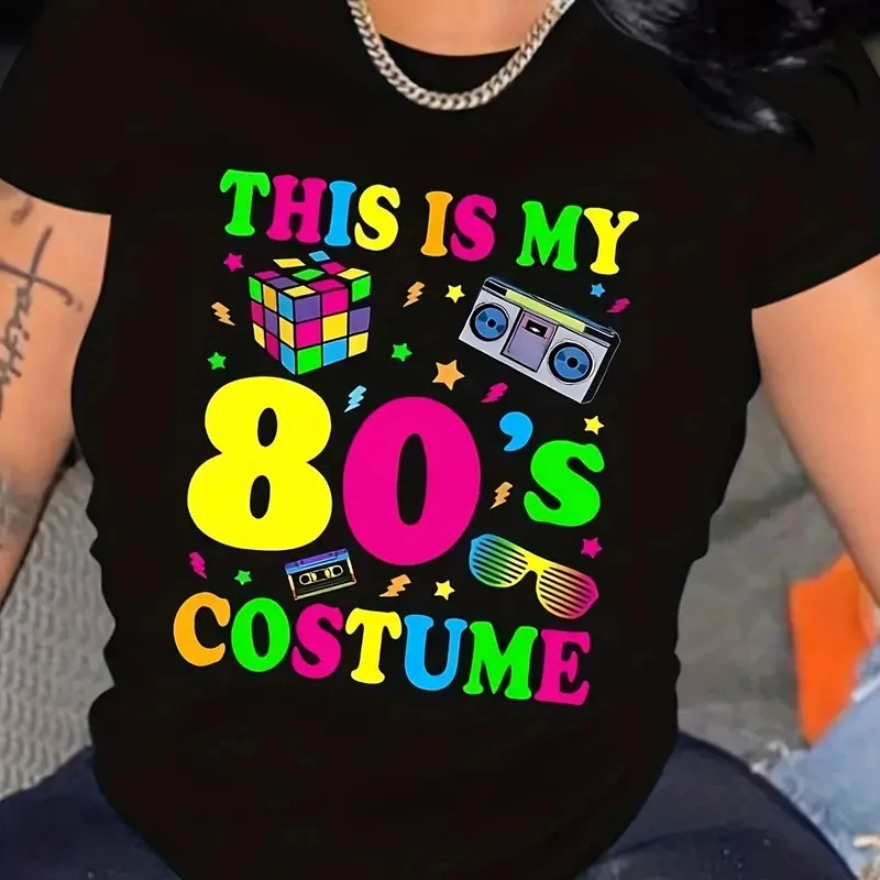 Fashion Vintage 80s This is my 80s Printed Lady O-Neck Short Sleeve Women\'s T Shirt Black White Short Sleeve Polyester