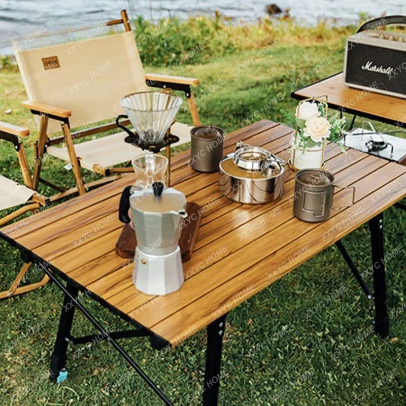 Lohascamping Outdoor Camping Telescopic Folding Table Wood Grain Aluminum Alloy BBQ Desk Picnic Barbecue Self-driving Travel