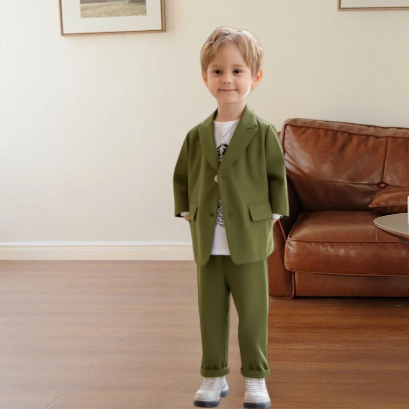 Ensemble de costume vert pur pour enfants, costume de fête de mariage pour garçons, costume de performance, veste, pantalon, collier, ensemble de vêtements 3 pièces