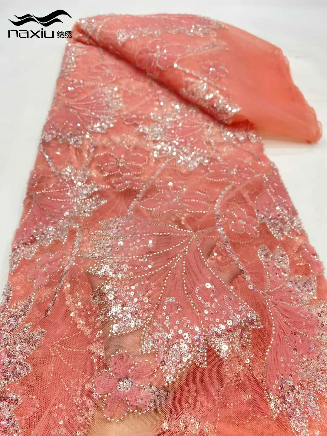Madison Pink 5 Yards High-end Beaded Fabric Latest African Luxury Sequins Groom Embroidery Fabric French Tulle Lace For Sewing