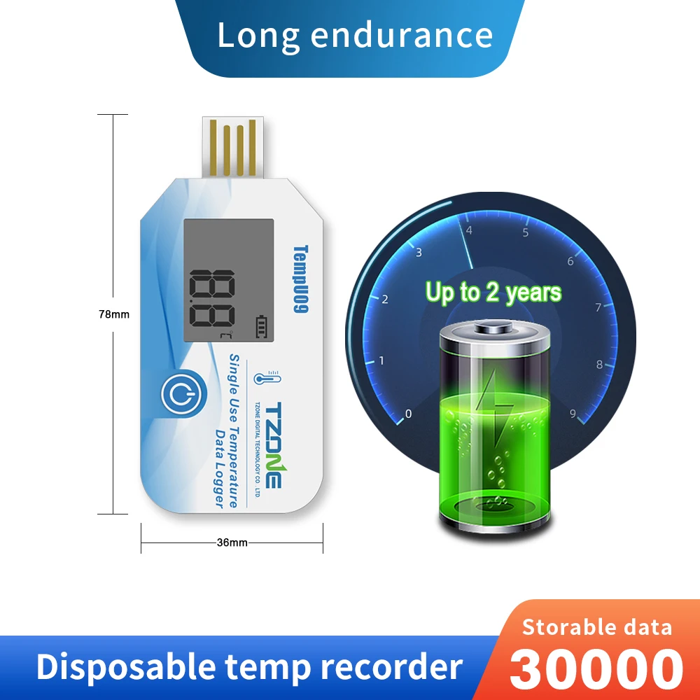 

USB-регистратор данных о температуре, одноразовый регистратор температуры, 32000 комплектов, PDF-отчет, IP67, водонепроницаемый регистратор температуры для складского хранения