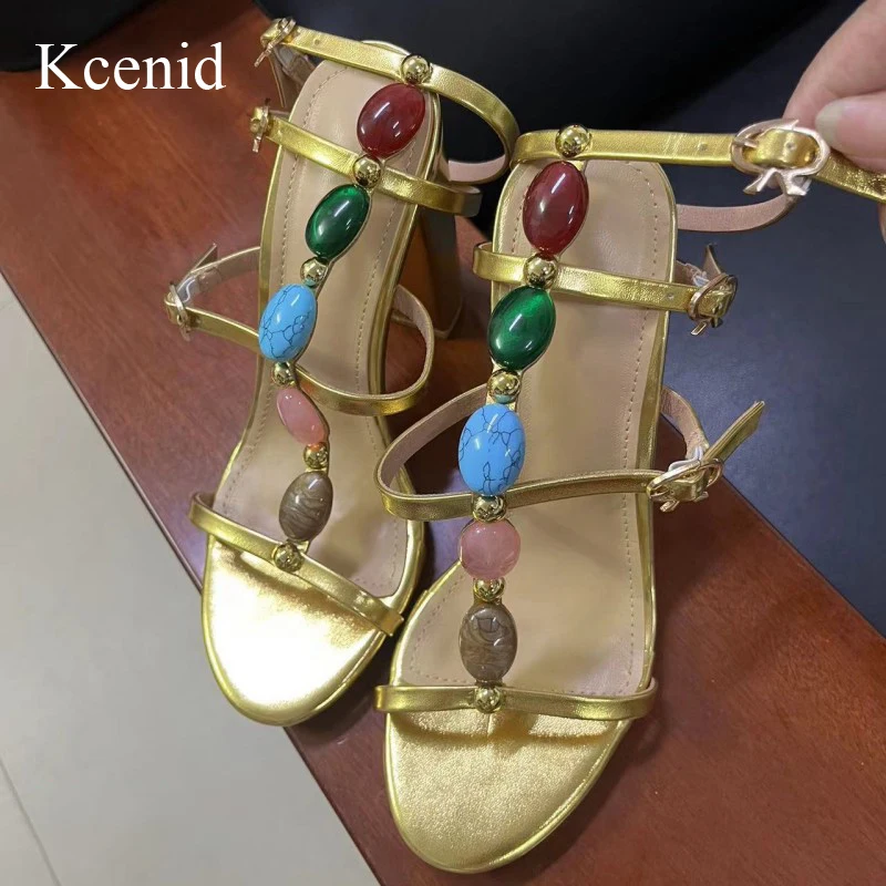 

Kcenid Casual Square Heel Gladiator Sandals Women Fashion Colour Gem Strap Designer High Heels Summer Wedding Banquet Shoes