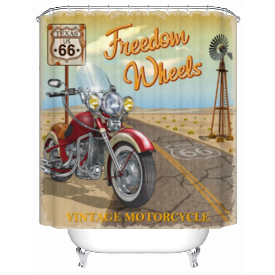 Shower Curtain Retro Vintage Gasoline Route 66 Classic Motorcycles Waterproof Polyester Fabric Bathtub Curtain With Hooks