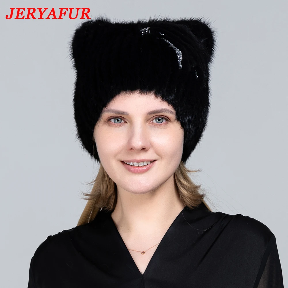 JERYAFUR Winter Women\'s Hat Real Natural Mink Fur Hats New Fashion Fur Caps Female Thick Warm Russian Beanies Caps