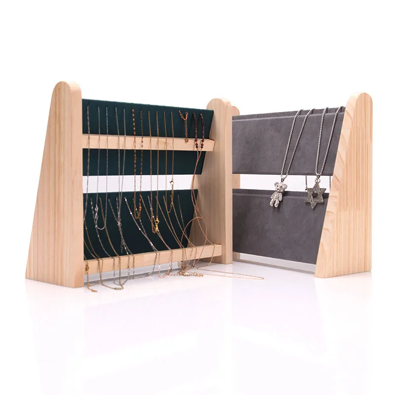 2 Layers Wood Slope Shape Jewelry Display Necklace Pendant Bracelet Organizer Stand Holder Rack Showcase Tray