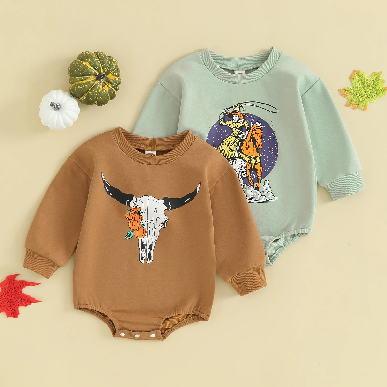 Baby Girls Boys Sweatshirts Rompers Halloween Clothes Pumpkin Cow Pattern Crew Neck Long Sleeve Toddler Fall Bodysuits