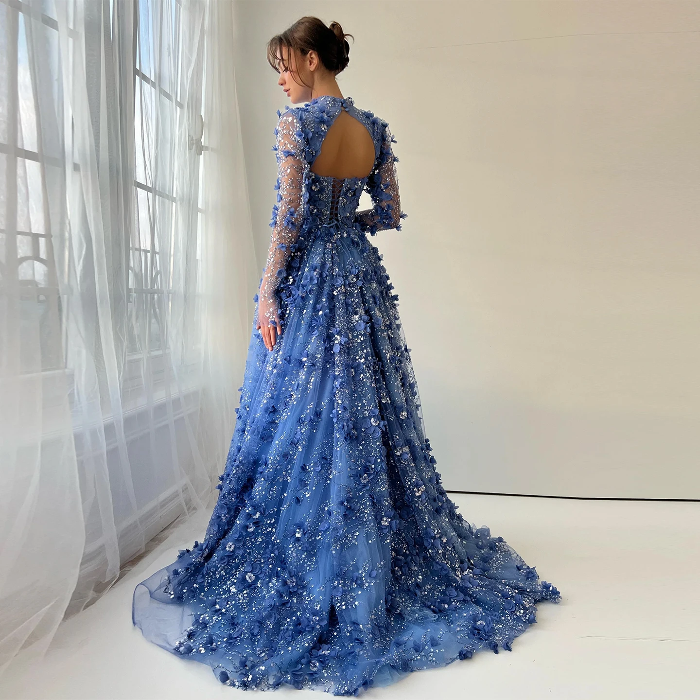 

Sharon Said Elegant Royal Blue Evening Dress Long Sleeve 3D Flower Open Back Women Wedding Party Prom Gown 2025 SS647 Customized
