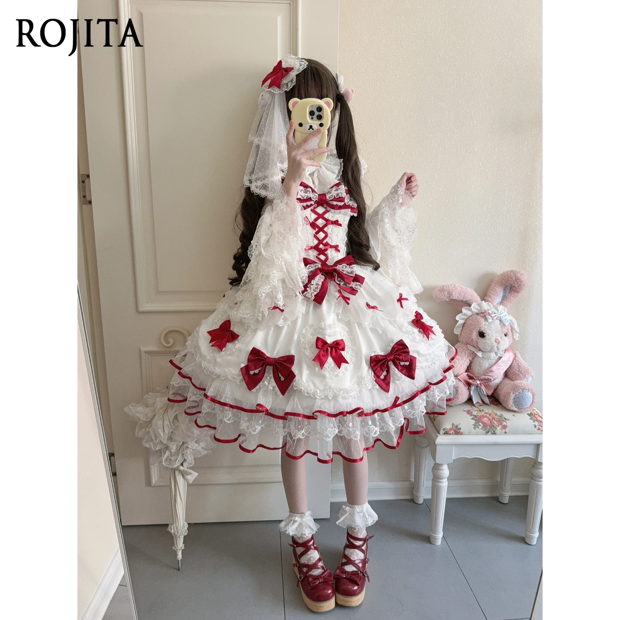 

Doll-Like Lolita Dress Women Japanese Style Original Design JSK Strap Dress Red and White JSK Strap Dress + Back Bow + Veil