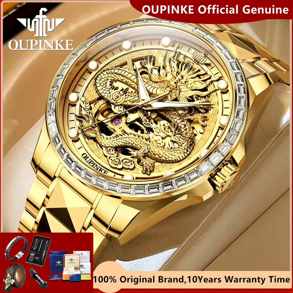 OUPINKE High Quality Automatic Watch for Men Luxury Diamond Hollow Out Dragon Watch Brand Import Movement Mechanical Wristwatch