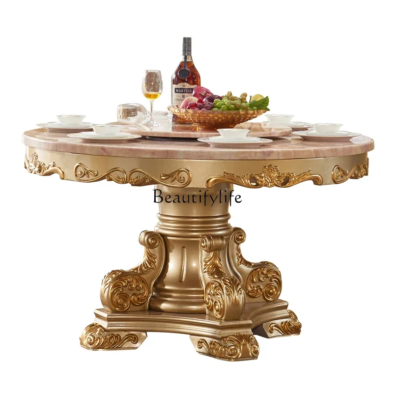 

LLX29European dining table Full solid wood round table Champagne gold dining room Marble home