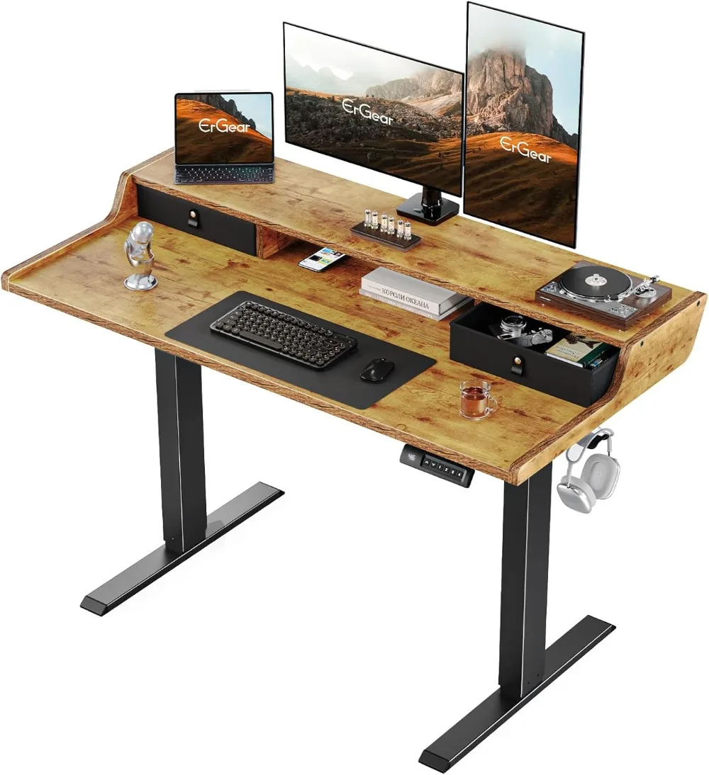 ErGear Electric Standing Desk with Drawers, 48″ X 24″ Gaming Desk with Monitor Stand, C-Clamp Mount Compatible -Vintage Brown