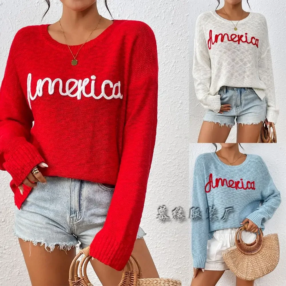 Women's sweater crew neck long sleeve America Independence Day letter fashion all-match sweater