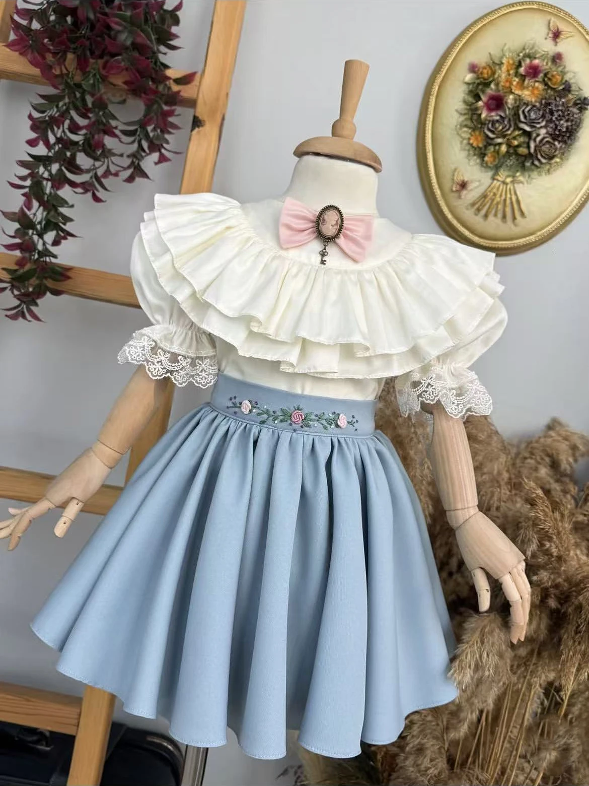 Summer Baby Girl Handmade Embroidery Flower Double Collar White Lace Blue Dress For Casual Party Birthday Wedding Photography