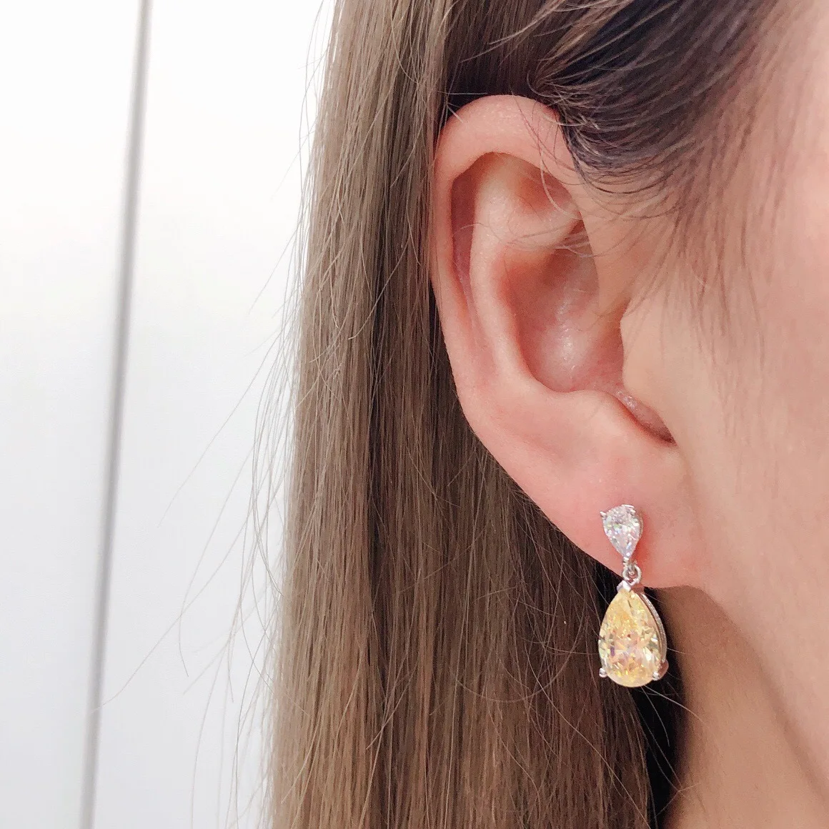 

3ct Moissanite Teardrop Earrings for Women, PT950 Platinum, Yellow Diamond Accent, Unique & Feminine