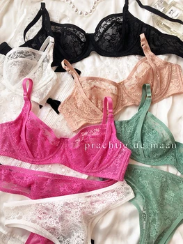 フランスのセクシーな女性の下着セット超薄型レース刺繍ブラセット夏の快適通気性ブラジャーと T バックランジェリーセット