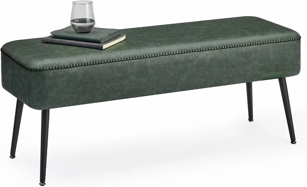 Mid-Century Modern Ottoman Bench, Synthetic Leather with Stitching, Steel Legs, Holds 660 lb, Forest Green for Living Room