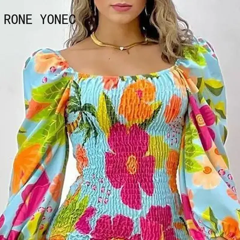 Women Dress 2023 Casual Tropical Print Puff Sleeve Shirred Dress A Line Dress