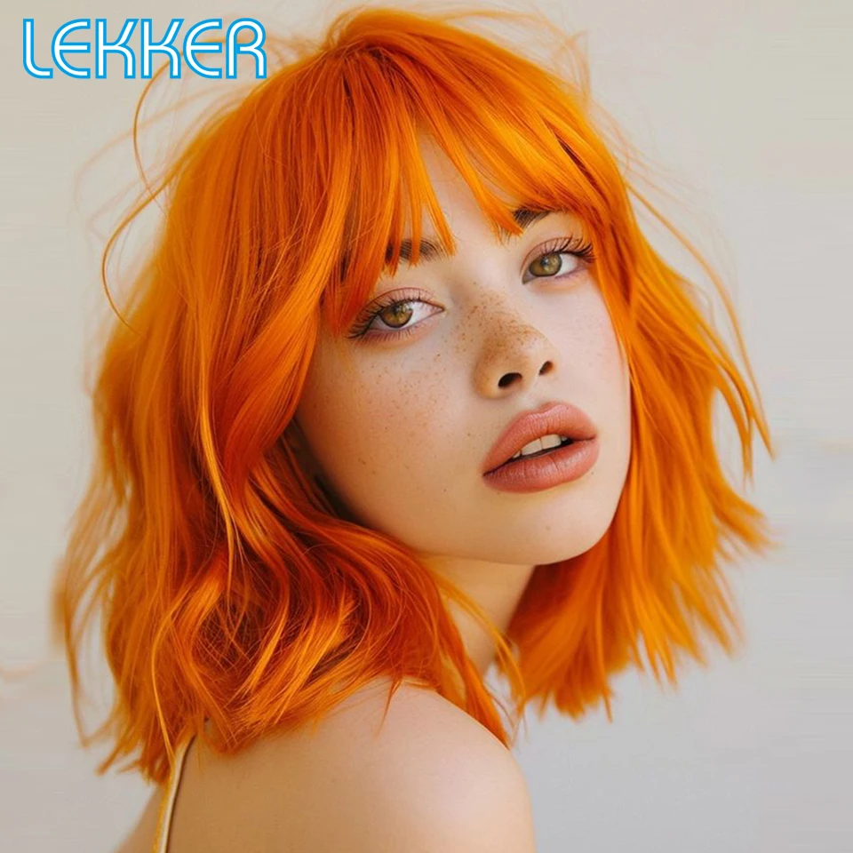 Lekker-Peruca de cabelo humano reta com franja para mulheres, osso de gengibre laranja, perucas curtas coloridas, cabelo remy brasileiro, desgaste para ir