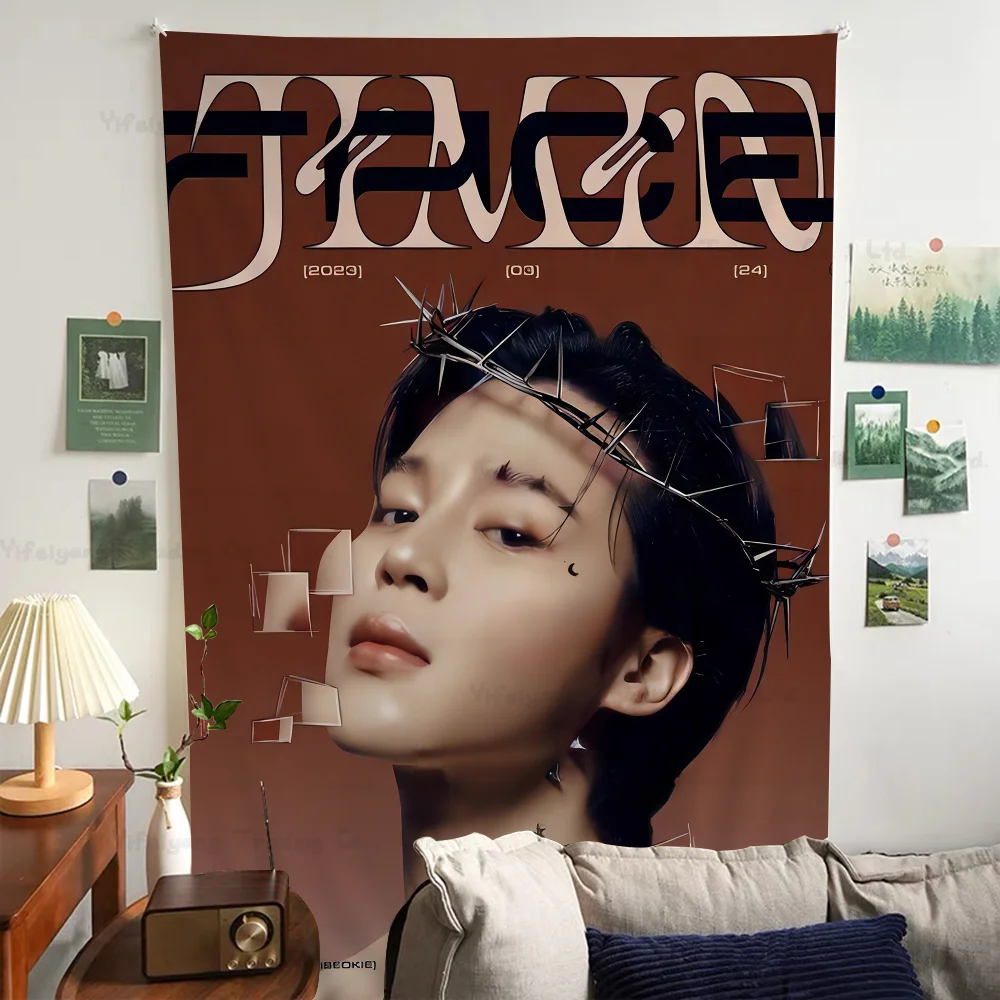 Singer Jimin Kpop Face Anime Tapestry Hippie Flower Wall Carpets Dorm Decor Wall Hanging Home Decor