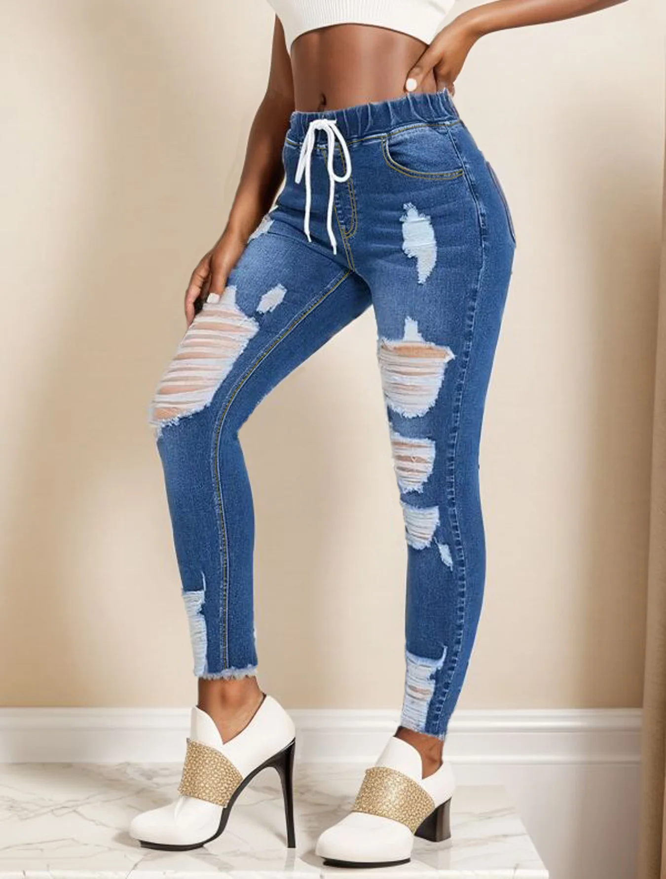 2023 Autumn New Women\'s Elastic Waist Ripped Jeans Fashion Skinny High Stretch Denim Pencil Pants Casual Slim Ladies Jeans S-2XL